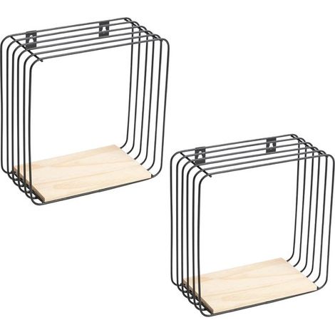 Set de 2 supports muraux carrés - 1 étage - Étagères en bois - Métal noir - Décoration murale (1/5)