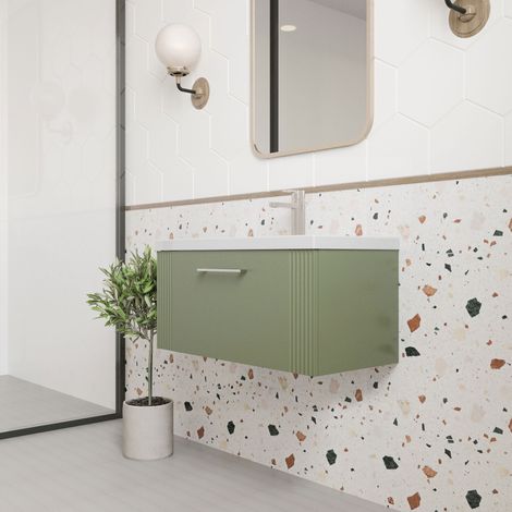 Nuie Deco Satin Green 800mm Wall Hung Single Drawer Vanity Unit and Thin Edge Ceramic Basin - DPF896D (1/5)