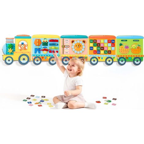 Panneau Mural Sensoriel pour Enfants en Feutre Train, Tableau d'Activités Montessori Pliable 14 en 1, Jouet Éducatif Mural avec Lettres, Fruits, Légumes et Horloge, pour Voyage, Garderie, Classe (1/5)