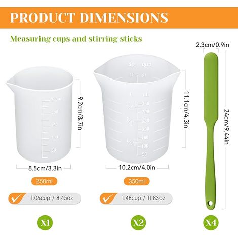 Gobelets doseurs en Silicone 7 pièces, gobelets en Silicone pour Verser 250 ML et 350 ML avec échelle, 4 spatules en Silicone pour Chocolat, résine, pâtisserie et projets DIY (1/4)