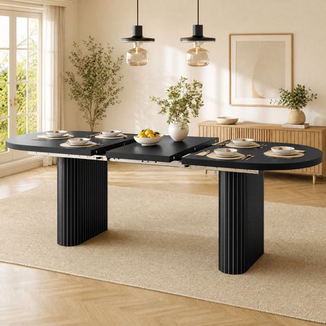 Conjunto de comedor extensible (120/160x80x75.5 cm), mesa ovalada con 4 sillas, MDF y metal negro y gris (1/5)