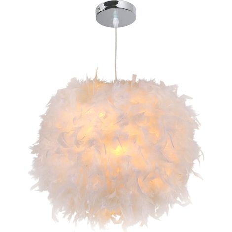Suspension moderne sphérique à plumes blanches, abat-jour en plumes de 30 cm de diamètre. (1/5)