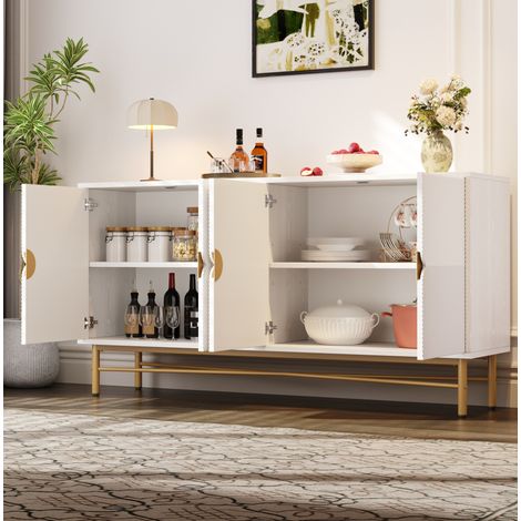 Credenza in MDF e truciolare bianca 160x40x82 cm, 4 ante, maniglie integrate oro spazzolato (1/5)