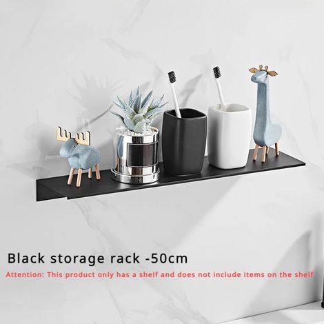 (noir 50 cm) Étagère murale minimaliste noire monobloc en aluminium, support pour miroir de salle de bain, fixation murale pour WC et douche. (1/5)