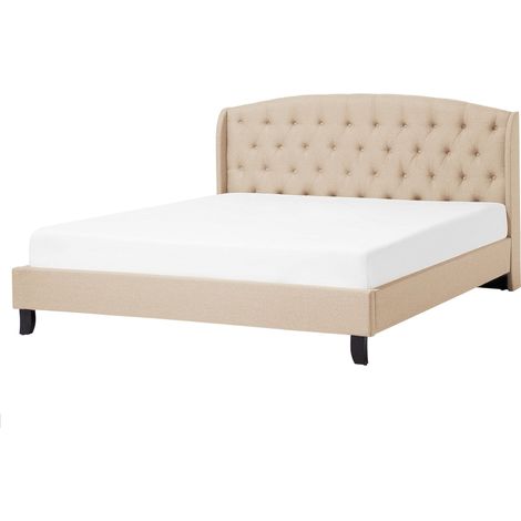 Lit Double en Tissu Beige 140 x 200 cm Haute Tête de Lit Chesterfield avec Touche Glamour pour Chambre au Style Moderne ou Classique Beliani