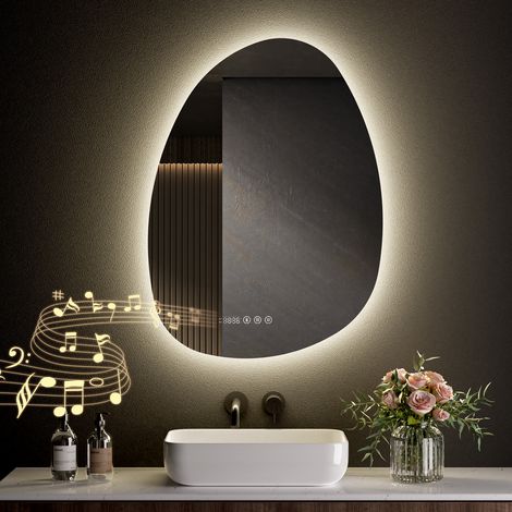 S'AFIELINA Bathroom LED Mirror 75 x 55 cm Asymmetrical with Bluetooth, 3 Colors Dimmable Light, Time, Temperature, Anti-Fog, Memory Function (1/5)