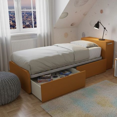 Letto singolo salvaspazio con cassetti e testata contenitiva - Zolfo (1/5)