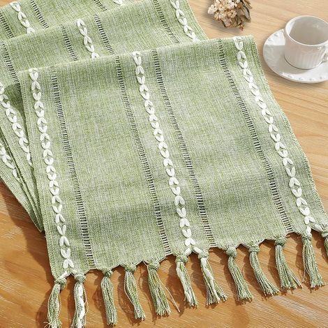 Grüner Tischläufer aus Leinen, 33 x 200 cm, mit Quasten, geeignet für Esszimmer, Küche, Leseecke und als Dekoration.