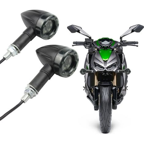 Motorcycle modification parts including brake lights, 12V turn signals, signal lights, black housing, smoked cover and turn signals.