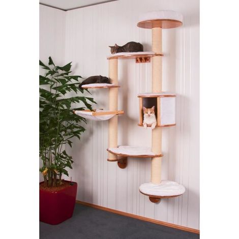 Arbre à chat mural Dolomit XL 185 cm – Tronc ø 10 cm en bois avec sisal – Niche et hamac pour plusieurs chats – Couleur blanche – Kerbl