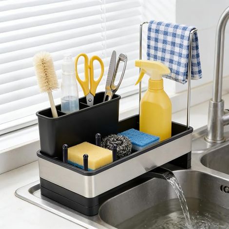 BINYI Organizer per lavello da cucina in acciaio inox con scolapiatti e porta spugna con funzione di drenaggio automatico (1/5)