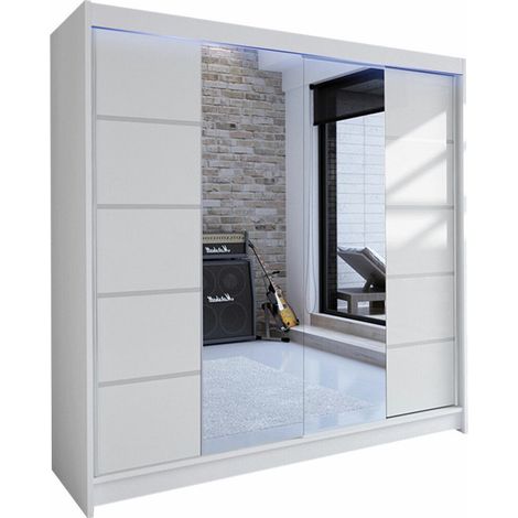 Mirjan24 – Armoire coulissante blanche 215x180x58cm – 2 portes – 5 étagères – Éclairage LED intégré – Stratifié durable
