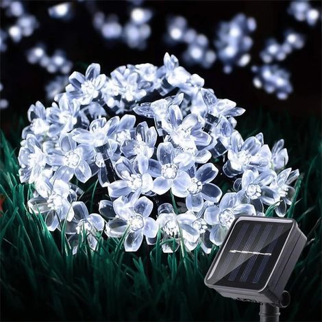 Guirnalda de luces solares, diseño de flores de cerezo, 7 m, 50 LED, 8 modos, ideal para jardín, Navidad, patio y decoración de interiores, luz blanca fría. (1/5)