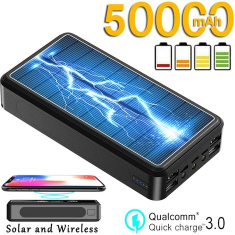 Batterie externe solaire étanche de grande capacité (50 000 mAh), chargeur sans fil portable résistant aux chutes, avec lampe LED et 4 ports USB. (1/5)