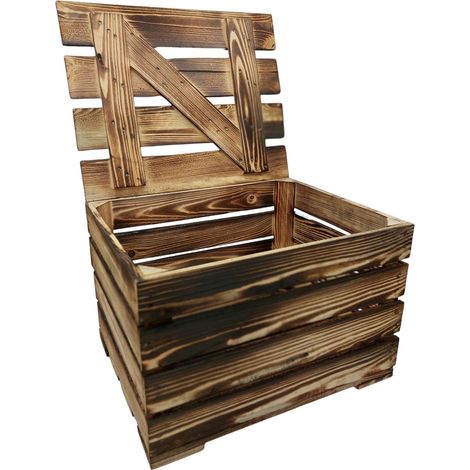 Deko-Holzkiste natur geflammt Obstkiste Weinkiste Beistelltisch Schuhregal Deko - 50 x 41 x 34 cm, geflammt - mit Deckel (1/3)