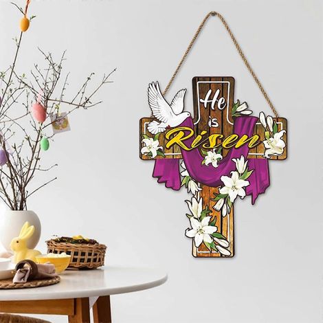 Couronne de Pâques, décoration de porte « Il est ressuscité », panneau de porte en bois avec croix imprimée de fleurs, décorations religieuses de Pâques à suspendre au mur. (1/3)