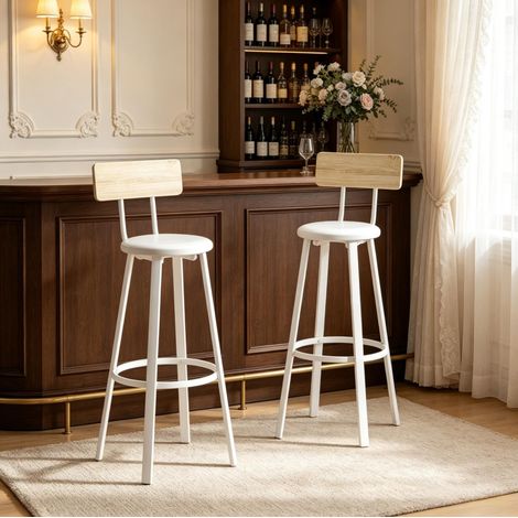 Set di 2 sgabelli da bar con schienale e poggiapiedi, seduta 75,5 cm, bianco effetto legno HAVRYA (1/5)