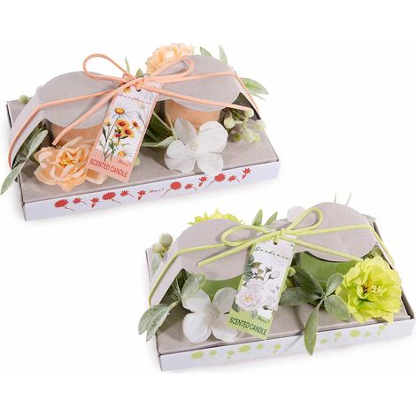 Bougies parfumées avec couronne décorative en coffret cadeau, étiquette et petit nœud, lot de 4, diam. 10 x H. 6,5 cm
