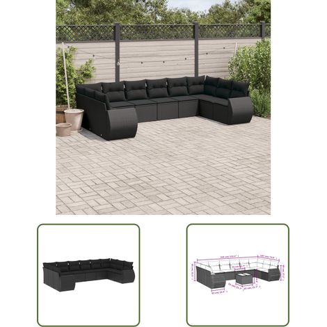 The Living Store 10-tlg. Garten-Sofagarnitur mit Kissen Schwarz Poly Rattan - Gartenmöbel - Outdoor Möbel - Rattan Gartenset - Lounge Set - Esstischgarnitur