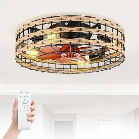 50cm Recessed Ceiling Fan with Rattan Design and Light, Silent DC Motor, Remote Control, Bulb Not Included, Khaki (1/5)