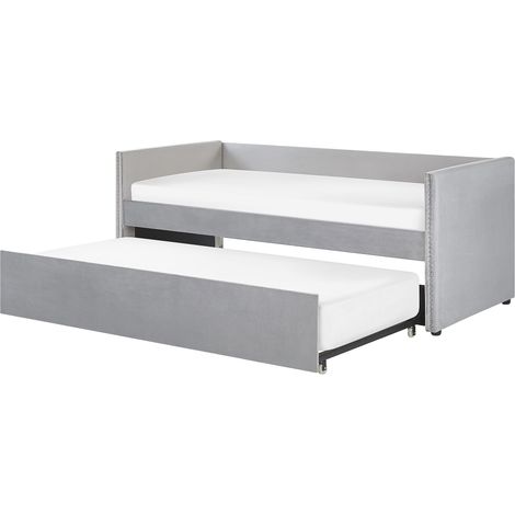 Cama con somier de terciopelo gris claro 90 x 200 cm nido listones tachuelas Troyes