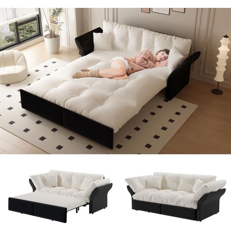 Canapé-lit gigogne 190 cm (taille Queen), convertible 3 en 1 avec capitonnage et 2 coussins moelleux, revêtement en velours multifonctionnel, beige/blanc