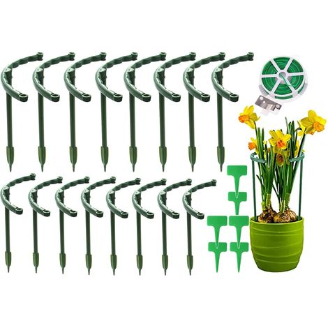 Lot de 16 Piquets de Support, Anneau Demi-Rond Plastique, Tuteur Jardin Petites Plantes, Fleurs, Légumes, Vert