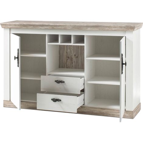 Sideboard im Landhaus Stil Pinie weiß Nb. und Oslo Pinie dunkel Nb. FERNA-61 mit Flaschenregal B/H/T ca. 168x104x44cm (1/5)