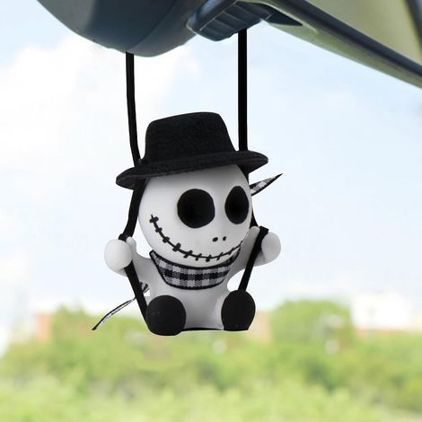 Appendiabiti a forma di teschio per specchietto retrovisore dell'auto - Appendiabiti a forma di scheletro per interni auto - Accessori scheletro con cappello nero - Appendiabiti di Halloween (1/5)