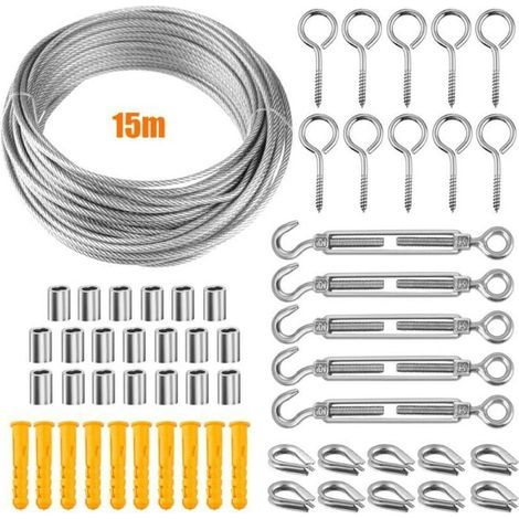 Kit de tendeur de corde à linge extérieure en acier inoxydable 304 de 2 mm, câble en acier gainé PVC de 15 m (1/5)