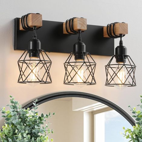 Luminaire Salle de Bain 3 Lumières - Applique Miroir Farmhouse et Métal - Style Industriel - Éclairage Mural pour Vanité - Ampoules Non Incluses (1/5)