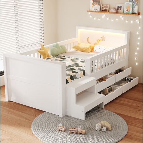 Letto per bambini 90 x 200 cm con cassetti, sponde e LED, bianco HAVRYA (1/5)