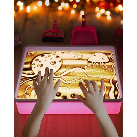 Boîte lumineuse de peinture à sable pour enfants avec 4 paquets de sable naturel - Plateau de sable pour enfants à partir de 3 ans - Rose (1/5)