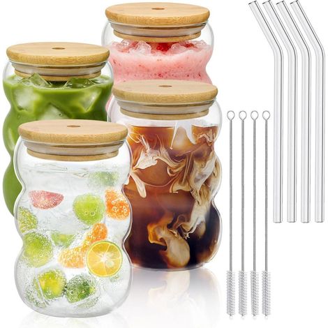 Glasbecher Set 4x 550ml mit Deckel & Strohhalm, Borosilikatglas, für Eiskaffee & Smoothies