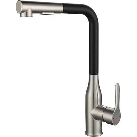 Robinet de cuisine en acier inoxydable, noir/gris, pour eau chaude et froide, flexible extractible, mitigeur monocommande (1/2)