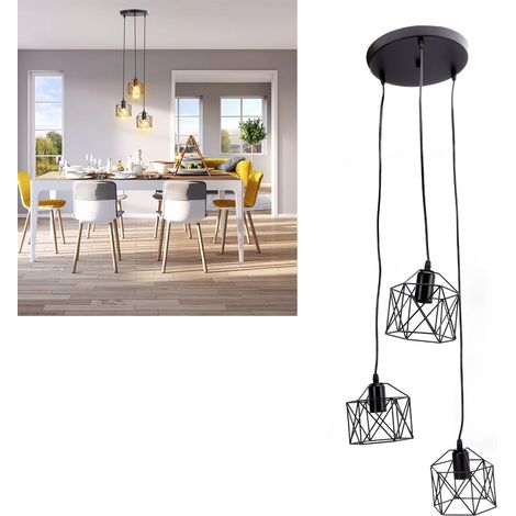 Lustre minimaliste de style rétro industriel, douille E27 à trois suspensions, structure métallique, idéal pour un couloir, une cuisine ou un escalier. (1/5)