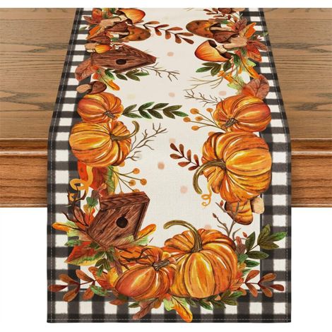 Fuleadture Chemin de table d'automne, 40 x 140 cm, feuilles de citrouille, décoration de table de ferme pour cuisine, salle à manger, dîner, citrouilles orange (1/5)