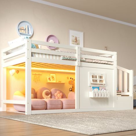 Lit mezzanine 90x200cm - Escalier rangement fenêtre LED - Bois/MDF - Blanc (1/5)