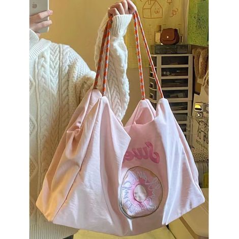 Sac à main brodé éco printemps-été, bandoulière unique à double épaisseur renforcée, cabas en nylon tressé avec fermeture éclair, rose (1/5)