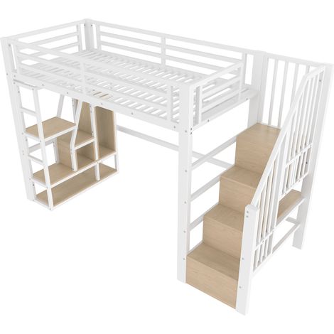 CAIziLit mezzanine 90x200 cm, métal, LED, escalier rangement, bureau, blanc (1/5)