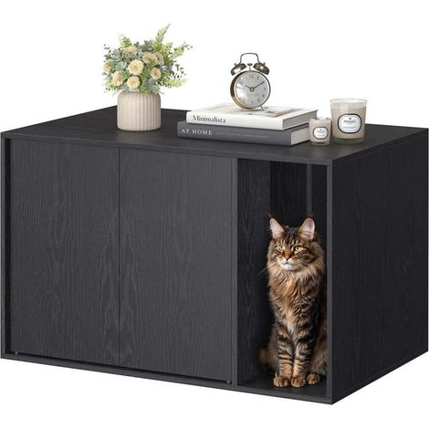 Maison pour chat assemblage 80 x 50 x 50 cm ultra-rapide sans outils toolless meuble litière chat cache-litière pour grands chats porte à ouverture par pression table minimaliste moderne noir (1/5)