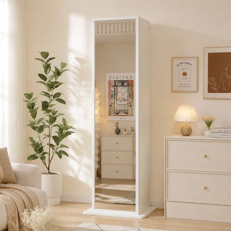 Vitrina giratoria de 45×45×168 cm con espejo de cuerpo entero, estantes abiertos, cajón con guía, mueble con espejo independiente, armario de almacenamiento en color blanco. (1/5)