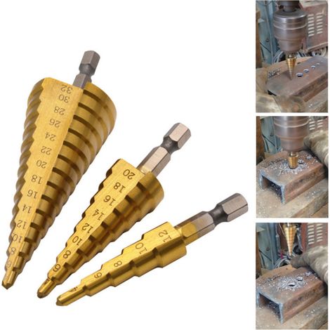 Foret étagé HSS 4-32 mm à rainure droite, revêtement titane, pour bois et métal. (1/4)