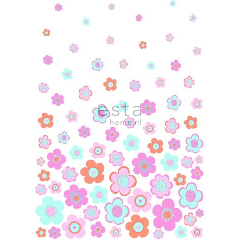 papier peint panoramique fleurs vintages turquoise, rose et violet - ESTAhome (1/5)
