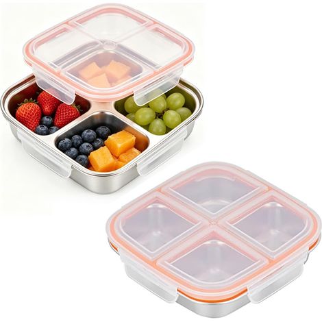 2er-Pack Snackboxen mit 4 Fächern, 600 ml, auslaufsichere Edelstahl-Bentobox mit Deckel, wiederverwendbare Lunchbox, Snackbox für Kinder und Erwachsene, Lunchbox zur Essensvorbereitung für Schule, Arb (1/5)