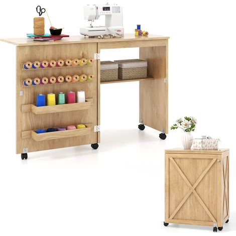 Costway – Table de couture pliante avec 18 rangées de bâtonnets – 2 plateaux de rangement – Roulettes verrouillables – Design compact blanc (1/5)