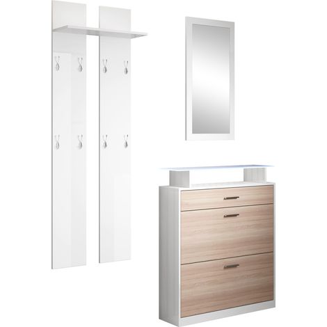 Recibidor con Espejo y Perchero Zapatero Mueble de Entrada Mesa de Entrada Consola Luces LED Modelo Paola Blanco y Gris Brillo