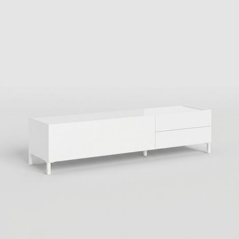 Meuble TV minimaliste 1 niche et 2 tiroirs salon living 160x42x40 Solaria - Blanc brillant (1/3)