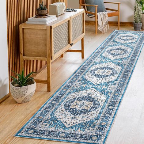 Lavable Tapis de Passage 60x300cm Antidérapant Tapis de Couloir Long Fin Tapis de Sol Vintage Médaillon Bleu Tapis de Salon Chambre Cuisine (1/5)