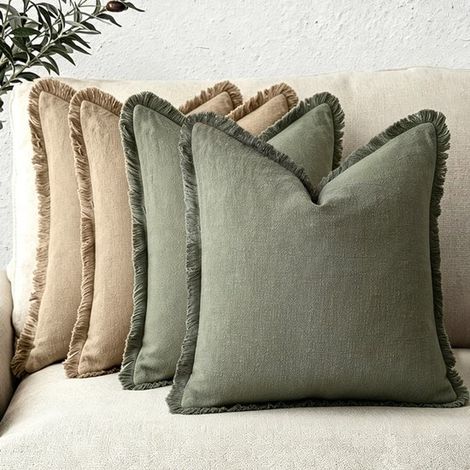 Juego de 4 fundas decorativas de lino para cojines con flecos. Fundas acogedoras de estilo bohemio con borla，color verde militar，45 x 45 cm，verde (1/5)